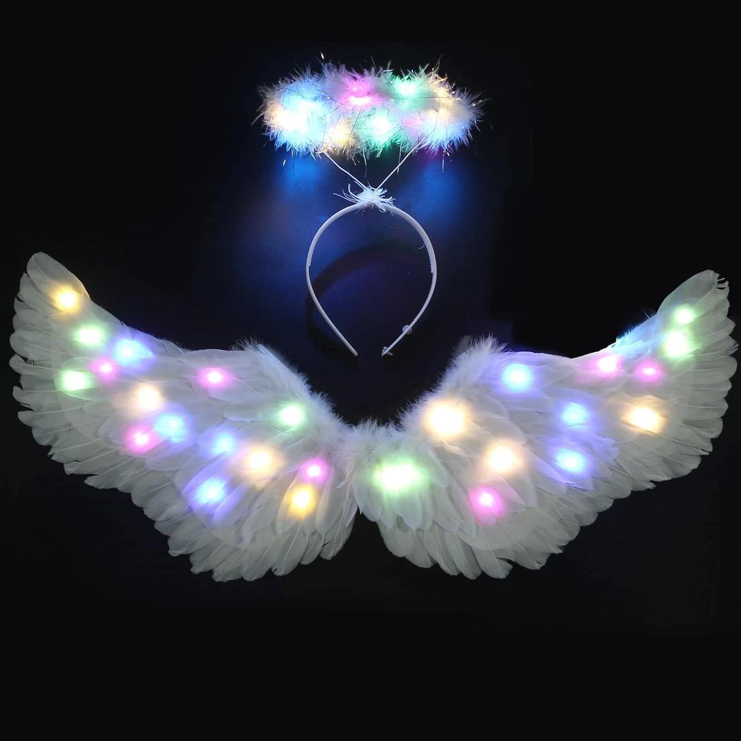 Angel Wings, Light Up Angel Wings and Halo with LED Lights, White Angel Wings Costume for Adult Women Kids Halloween Xmas (Large, Colorful)