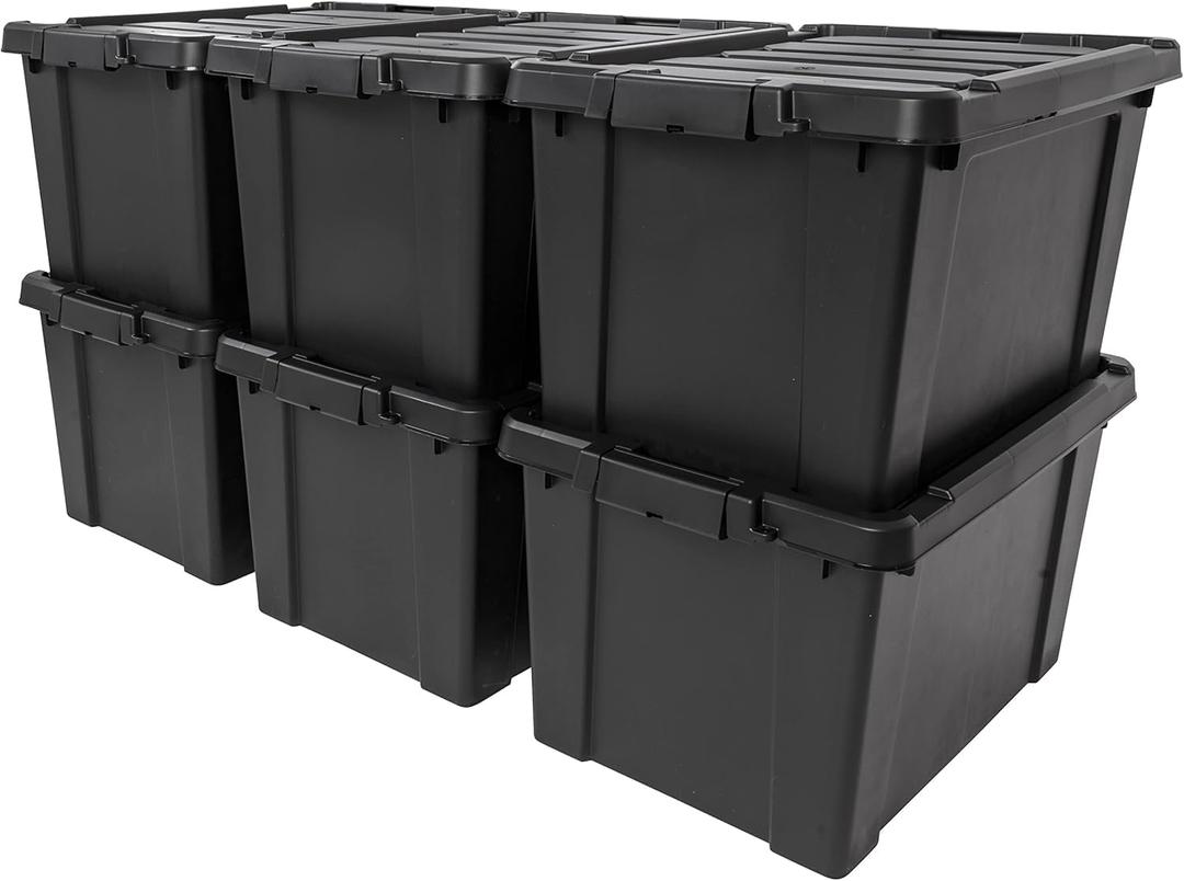 IRIS USA 20 Gallon Lockable Storage Bins with Lids, 6 Pack - Made in USA, Heavy Duty, Stackable Containers, Garage Organizing Bins Moving Tubs, Rugged Sturdy Equipment Utility Box - Black
