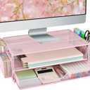 AUPSEN Computer Monitor Stands Riser2-Tier Desk Organizers and Accessories, Office Desk Accessories Organizer with Drawers and 2 Pen Holder for Office Supplies (Pink)