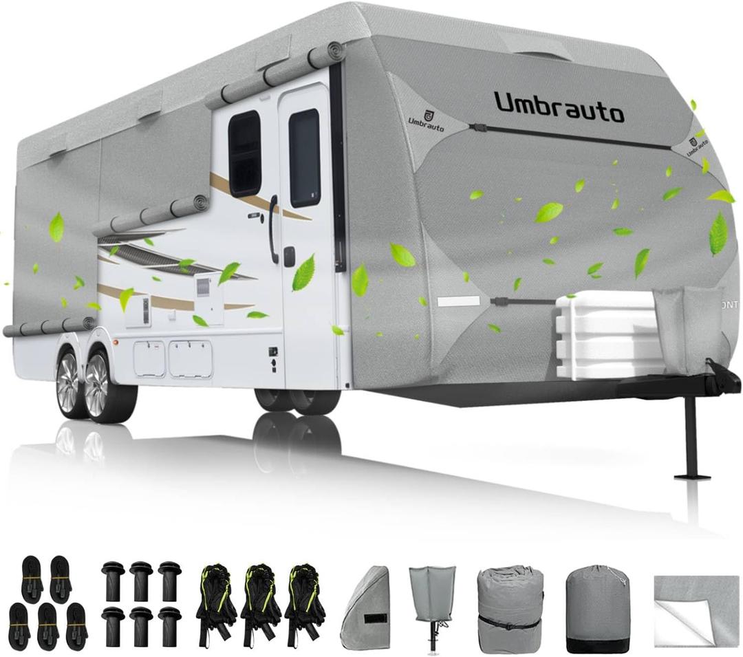 Umbrauto RV Cover Fits 27-30ft Travel Trailer, Lightweight Waterproof Camper Cover for Toy Hauler, with Gutter Caps, Tongne Jack Caps, Windproof Straps Winter Campsite