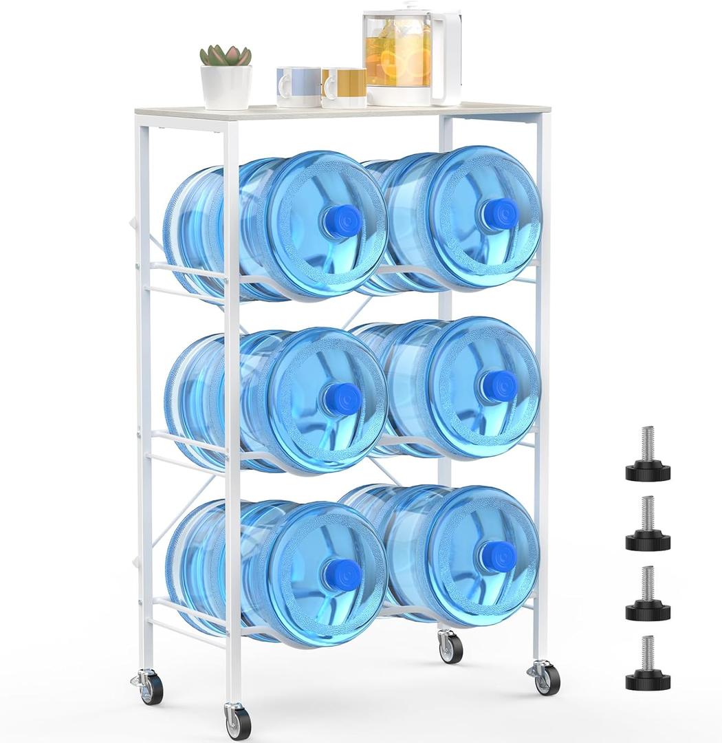 3 Tier 5 Gallon Water Jug Holder 6-Tray Water Jug Rack with Top Shelf and 4 Wheels Heavy Duty Movable Water Jug Stand,5 Gallon Water Bottle Holder for Kitchen Office Living RoomWhite
