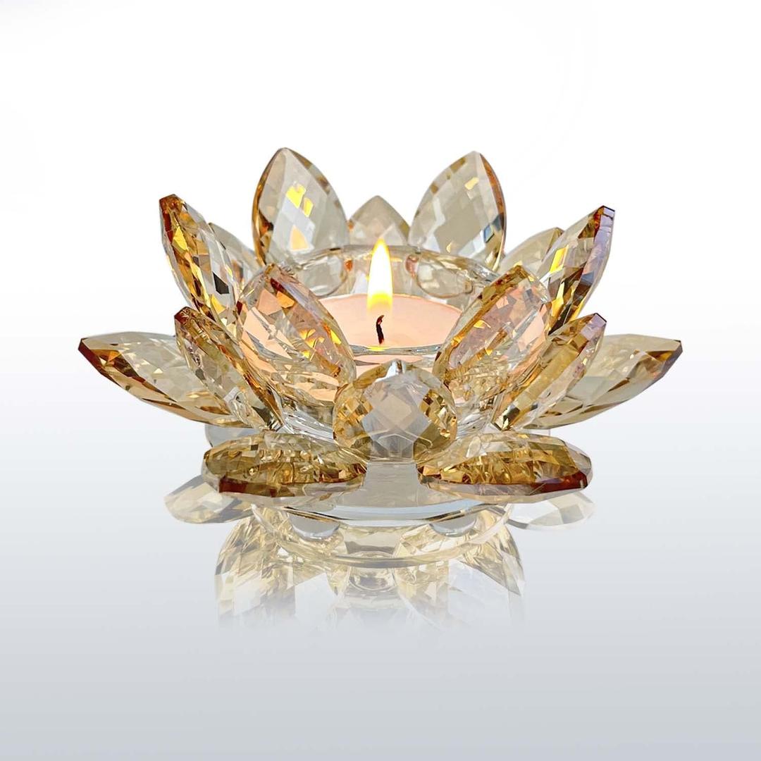 Crystal Lotus Flower Tealight Candle Holders/Glass Tea Light Candlestick Decor Decoration for Christmas Home Wedding Party (Gold 1pc)