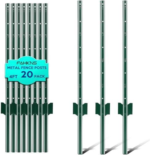 4 ft Fence Post, 20 Pack Heavy Duty Metal Fence Posts, Sturdy Steel T Post | No Dig Fence Stakes, U-Channel Garden stakes for Lawn, Farm, Yard, Orchard and Outdoor Electric Fence Wire, Corner Support