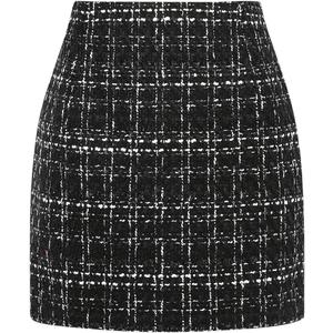 IDEALSANXUN Womens High Waist Plaid Skirt Bodycon Pencil Wool Mini Skirts (Medium, Tweed Black New)