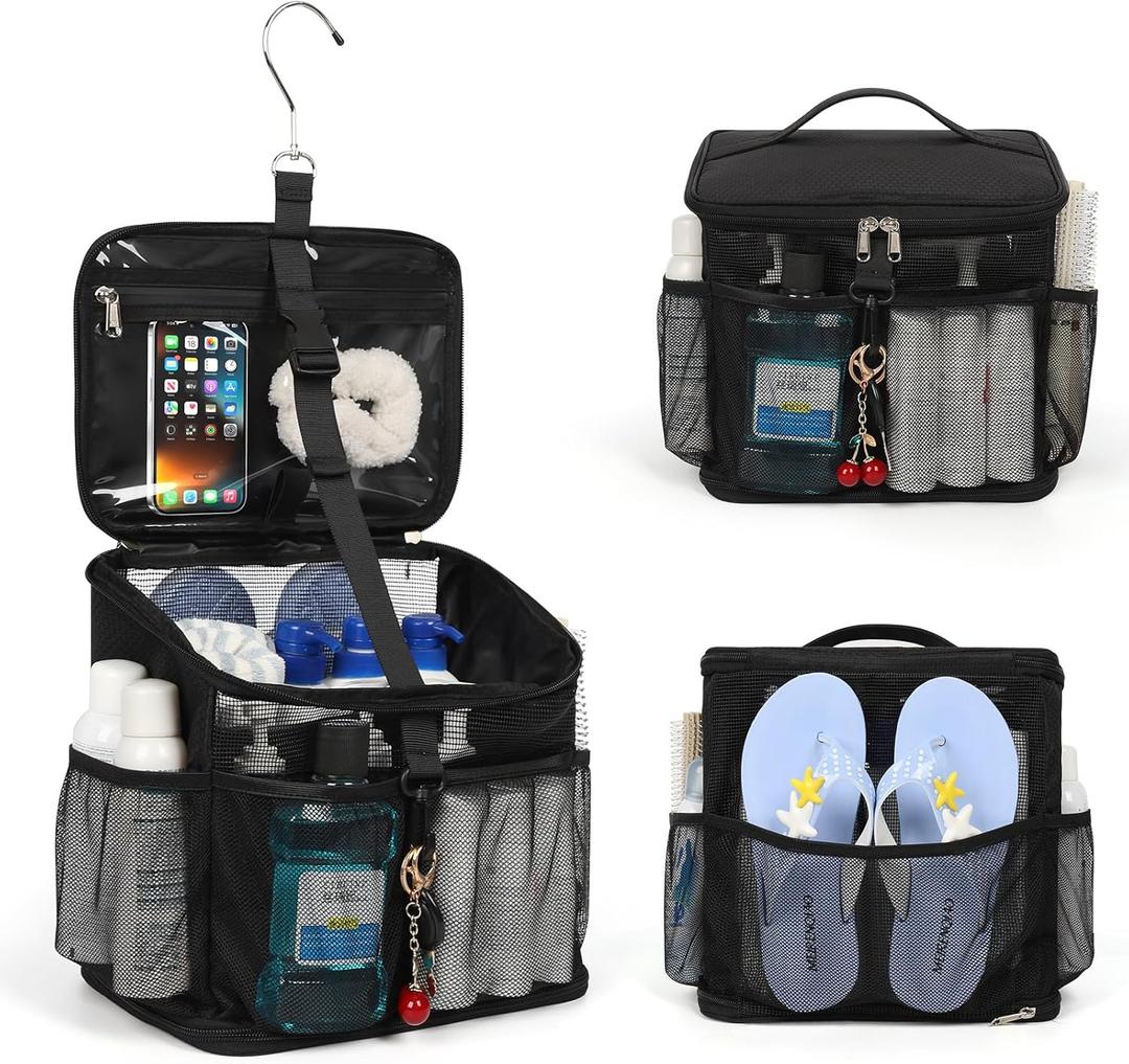 CUBETASTIC Shower Caddy Portable Mesh Shower Tote for Bathroom, Gym, Travel, Camping - Quick Dry Hanging Organizer Toiletry Bag with Handle for College Dorm Room, Men & Women (A# Black, 9.8")