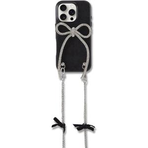 2 x Crossbody Case for iPhone 16 Pro - Black with Stylish Silver Detachable Chain - Big Bow