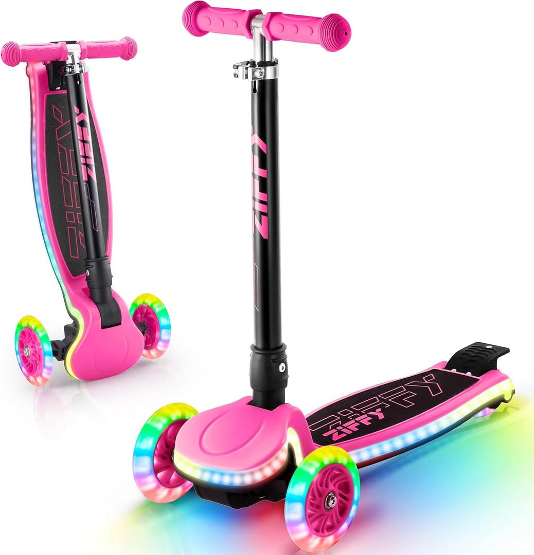 JOVA ZIFFY Light-Up Toddler Scooters for Kids 3-8, 3 Wheel Kids Scooter for Boy Girl 110lbs, 20 Dynamic LED Lights, 4 Adjustable Height Ride-on Kick Scooter, Lean-to-Steer Anti-Slip Wide Deck (Red)