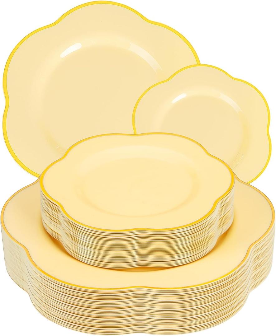 Liacere 50PCS Yellow Plastic Plates - Heavy Duty Disposable -Yellow and Gold Include 25PCS 7inch and 25PCS 10inch Plates for Mother's Day & Baby Shower