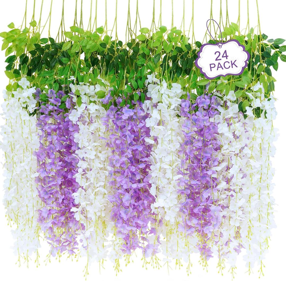 24Pcs Artificial Wisteria Hanging Flowers, 3.6Ft/Pcs White & Purple Fake Wisteria Garland for Wedding Party Home Garden Indoor Outdoor Decoration