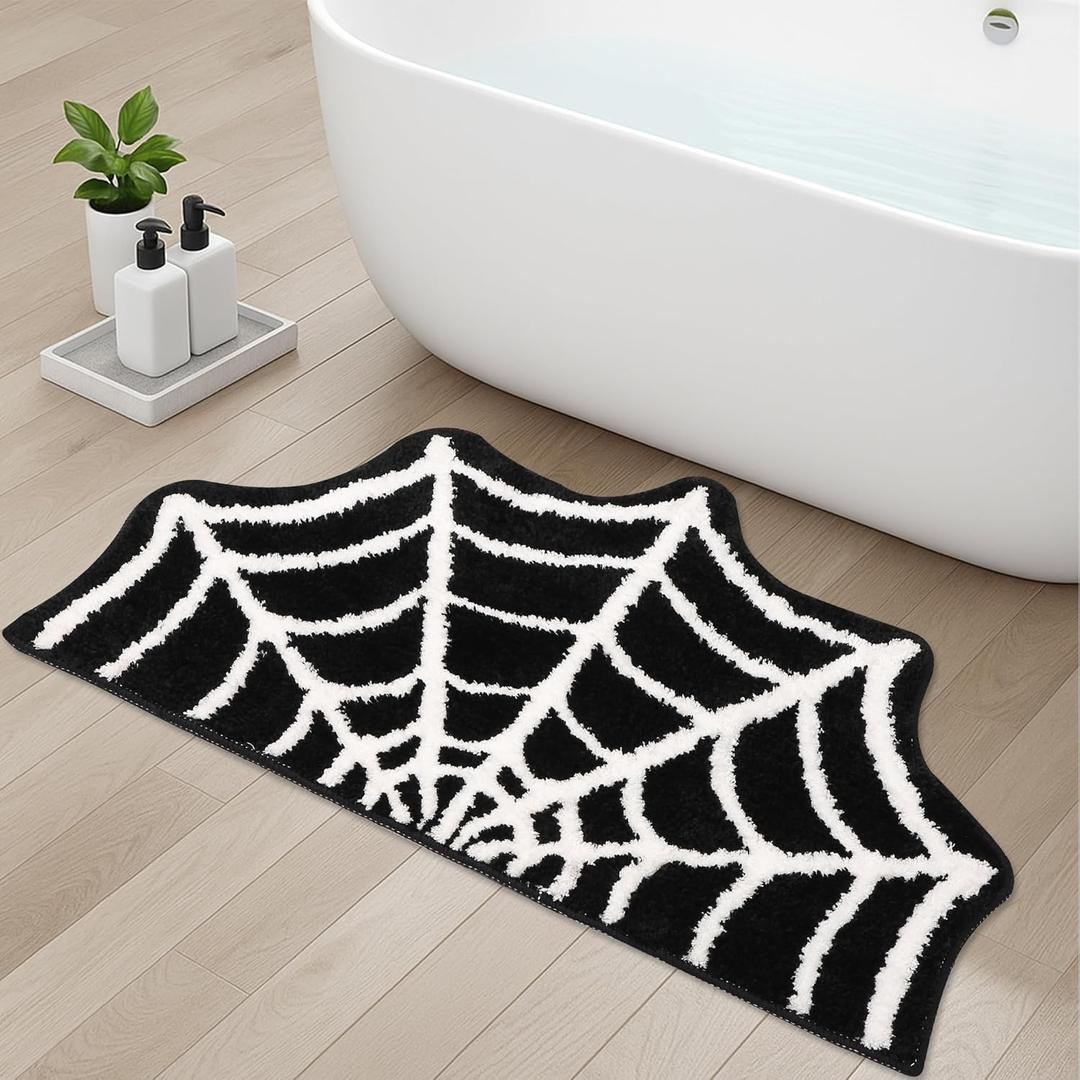 Spider Web Bath Mat, Gothic Halloween Rug, 31"x20" Black Washable Non-Slip Goth Bath Mat for Bathroom, Front Door, Bedroom, Kitchen