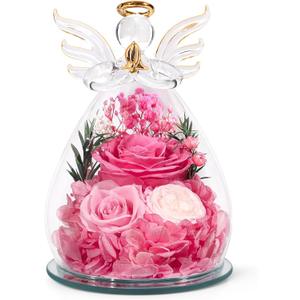 Gifts for Women Preserved Rose Forever Flower in Glass Angel Figurines Fresh Flowers for Delivery Prime Mothers Day Birthday Gifts for Mom Real Pink Roses for Grandma Sister Wife Her from Daughter (Pink (Rose, Austin, Baby's Breath, Hydrangea))