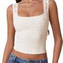 QINSEN Women's Lace Trim Square Neck Sleeveless Double-Layer Tank Top, Medium 