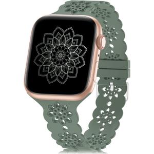 Floral Silicone Band Compatible with Apple Watch Bands 38mm 40mm 42mm 44mm 41mm 45mm 49mm Women Men, Design Wristbands Soft Breathable Watch Bands for iWatch Ultra/2/3 SE/3 Series 11/10/9/8/7/6/5/4/3/2/1