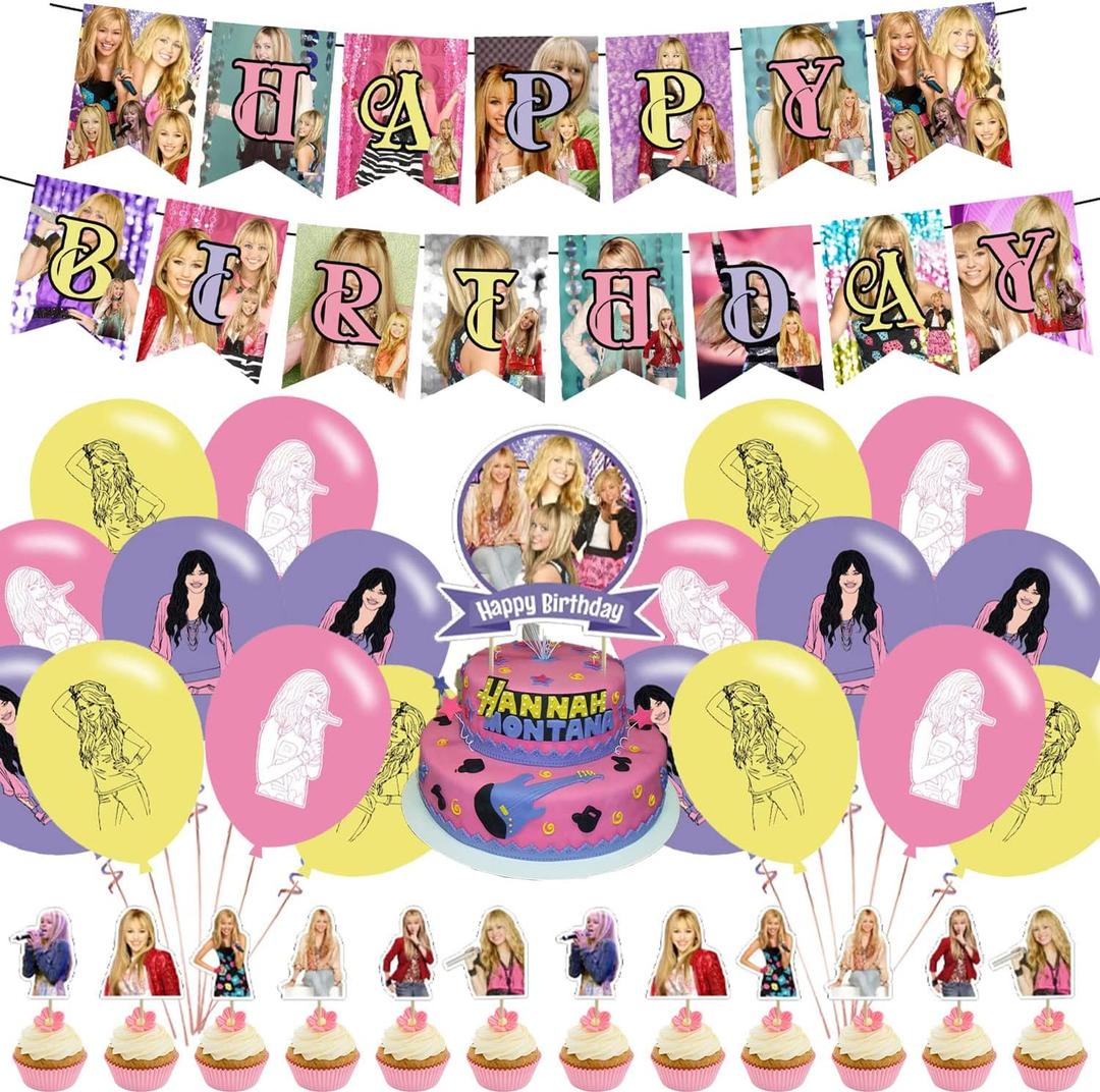 DOSSEL Hannah Singer Montana Music Theme Birthday Party Supplies Includes Birthday Banner, Cupcake Toppers, Cake Topper, Latex Balloons for Kids Adults Fans Party Decor