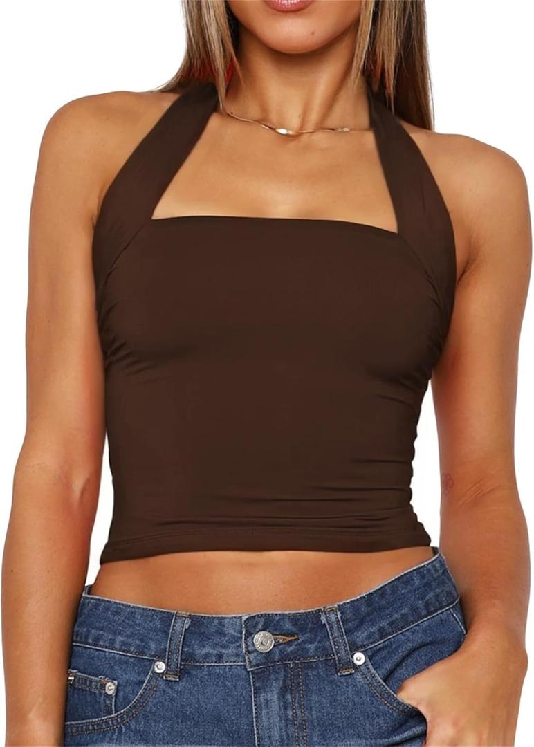 Women Sexy Halter Neck Backless Tank Top Open Back Sleeveless Slim Fit Y2k Summer Tops (Brown, S)