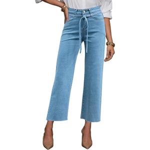 Allimy Womens Jeans High Rise Belted Wide Straight Leg Frayed Hem Jeans for Women Trendy 2025 Denim Pants (Blue)