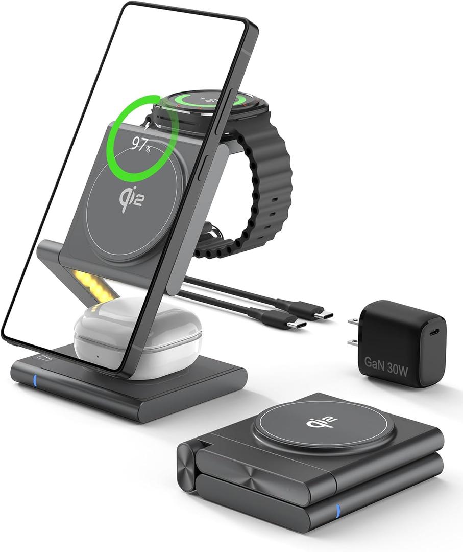 4 in 1 Wireless Charging Station for Samsung, Foldable Aluminum Magnetic Charger with LED Light for Samsung Galaxy S25/Ultra/S24/S23/S22, Galaxy Watch 8/7/6/5, Galaxy Buds/Pro (Grey)