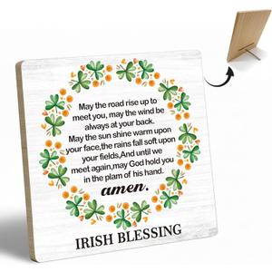 St Patrick's Day Decor, Irish Blessing May The Road Rise Up To Meet You, 6.3 x 6.3 inch Wood Plaque Table Sign, Irish Blessing Gifts, St Patrick's Day Decor for Home Office Desk Table Shelf - LM03