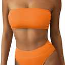 Pink Queen Women's Ribbed High Waisted Bikini Set Removable Strap Bandeau Swimsuit (Orange, XL)
