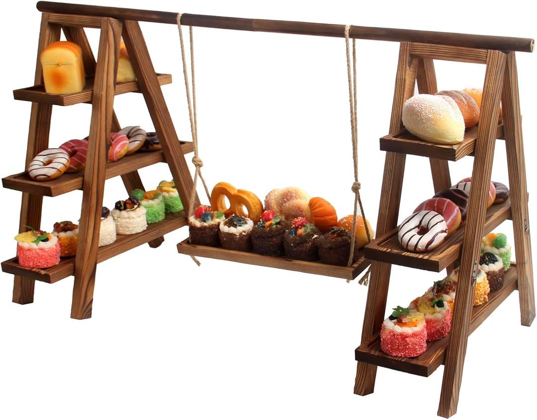 Janedream Wooden Cupcake Stand, 3-Tier Dessert Display Set with Removable & Foldable Stands, Rustic Candy Cart Serving Tray for Party, Cakes, Pastries, Fruits & Snacks