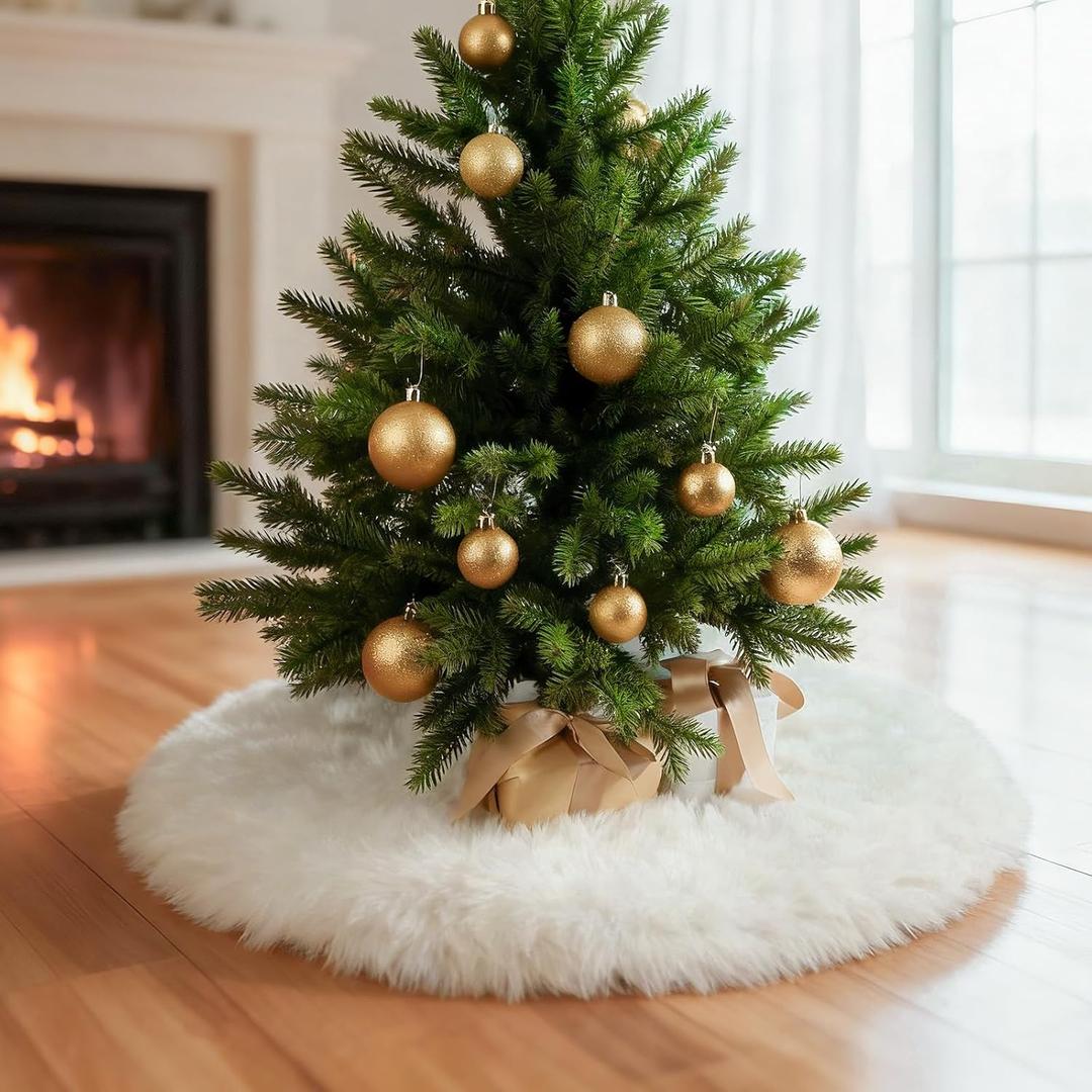 MACTING 24 Inch Mini Faux Fur Christmas Tree Skirt White Plush Fluffy Small Tree Base Cover Soft Double Layer Snowy Mini Tree Mat for Tabletop Trees Holiday Home Indoor Xmas Decorations