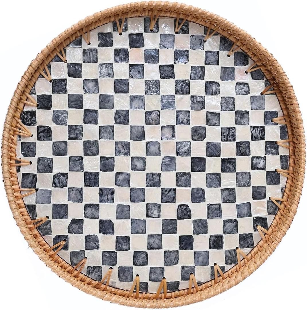 14-inch Rattan Checkered Tray with Mother of Pearl, Round Coffee Table Tray Decor, Round Wicker Boho Decorative Woven Serving Tray (Checkerboard)