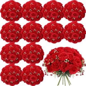 Geosar 16 Bundles Artificial Peonies Flowers Fake Silk Peony Bouquet Faux Peonies Flowers Bulk for Decoration Vase Floral Arrangements Wedding Party Table (Bright Red)