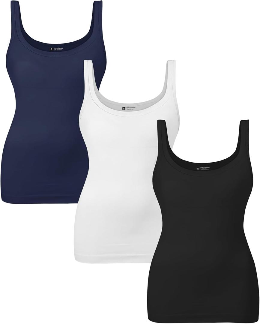 EUYZOU Womens Shapewear Tummy Control Squre Neck Seamless Compression Tank Tops for Women Slimming Body Shaper Camisole (X-Large, Round-black/White/Navy 3pk)