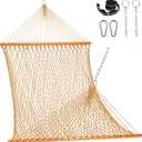 Lazy Daze Hammocks Double Rope Hammock, 2 Person Traditional Outdoor Hand Woven Cotton Rope Hammock with Spreader Bar, Carabiners, Tree Straps, Chains for Patio Yard - Max 450 Lbs, Tan
