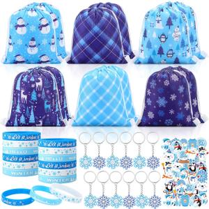 Capoda 86 Pcs Winter Party Favors Birthday Supplies 12 Snowflake Drawstring Bags 12 Silicone Bracelets 12 Keychains 50 Stickers for Christmas Winter Party Supplies Holiday Gifts Goodie Bag Stuffers