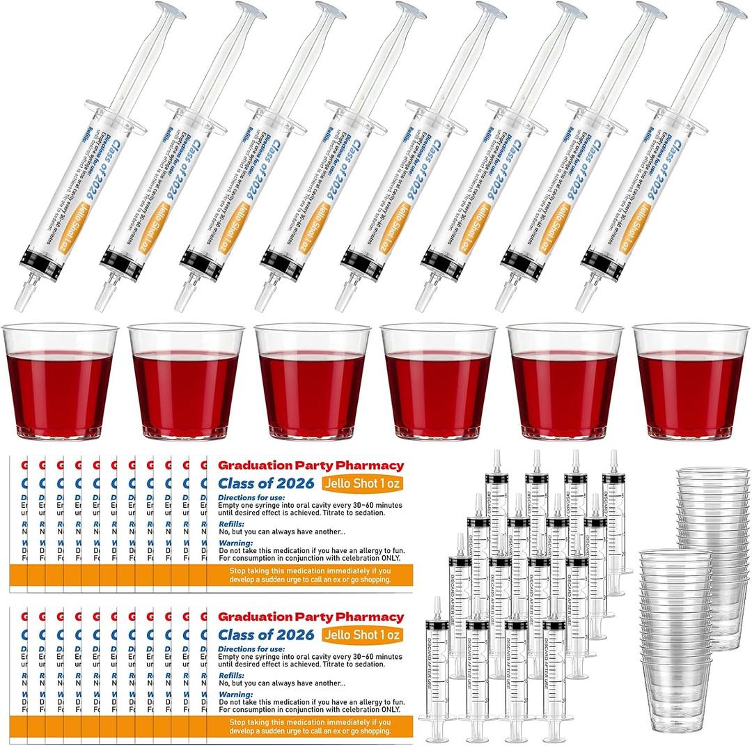Yungyan 36 Set Nursing Graduation Party Supplies Medical Theme Labels Sticker 20 ml Plastic Syringe with Tip Cap 30 ml Cup for Medical Graduation Party Favor Photo Props