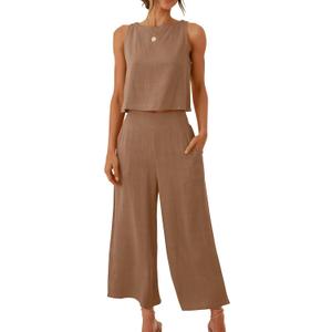 ANRABESS Women's Summer 2 Piece Outfits Sleeveless Crop Top Capri Wide Leg Pants Jumpsuit Linen Lounge Beach Travel Sets (Large, Light Brown)