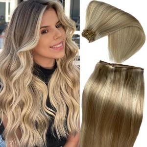 Hand Tied Sew in Weft Hair Extensions Real Human Hair Ash Blonde to Blonde Highlights Sew in Extensions Balayage Blonde Hand Tied Weft Hair Extensions Silky Straight Hair Bundles 80G 12Inch for Women