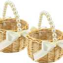 Wicker Rattan Flower Girl Basket with Bows 2pcs/pack,Pearl Handle Flower Basket,for Wedding and Home Decorations.