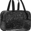 Clear Black Star Large Makeup Bag with Star Pattern 12x5x8 inch, Travel Cosmetic Bag with Handle, Durable PVC Material Washbag Zipper Opening Design for Makeup Travel Organizer or Gym Use