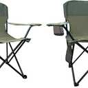 2PCS Folding Camping Collapsible Chairs Heavy Duty Lawn Chair with Cooler Bag, Storage Pocket, Waterproof Bag Outdoor Arm Chair, Supports 225LBS, Green