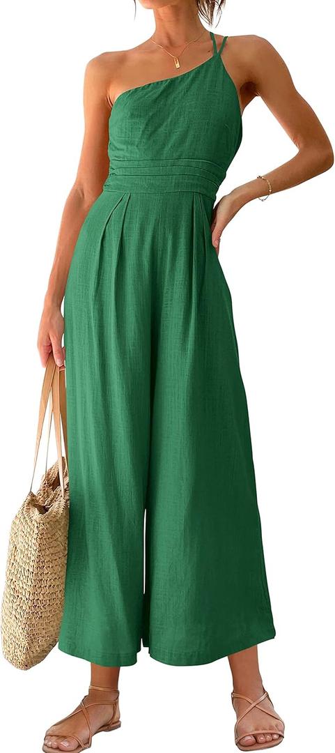 ANRABESS Women's Summer Straps One Shoulder High Waist Dressy Casual Wide Leg Linen Jumpsuit Romper Beach Travel Outfits (Medium)