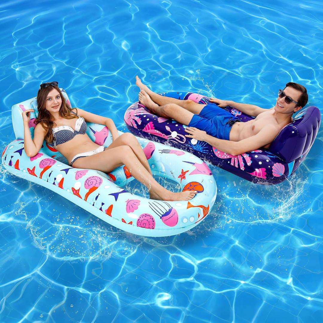 PuppyuWill 2 Pack Pool Floats Adult, Inflatable Pool Lounger Float Heavy Duty with Cup Holder, Backrest & Footrest Pool Lounge Float Extra Large Pool Rafts for Adults Beach Lake Party