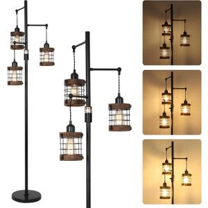 Dimmable Floor Lamps for Living Room, 3-Light Industrial Floor Lamp with Wood & Metal Cage, Farmhouse Standing Lamp Tall Tree Lamp for Bedroom Office, Rustic Black Tall Floor Lamp for Corner