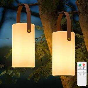 2-Pack Solar Table Lamp Outdoor Water-Resistant LED Portable Solar Lantern Warm RGB Rechargeable Cordless Lights for Patio Deck Camping (Bronze)