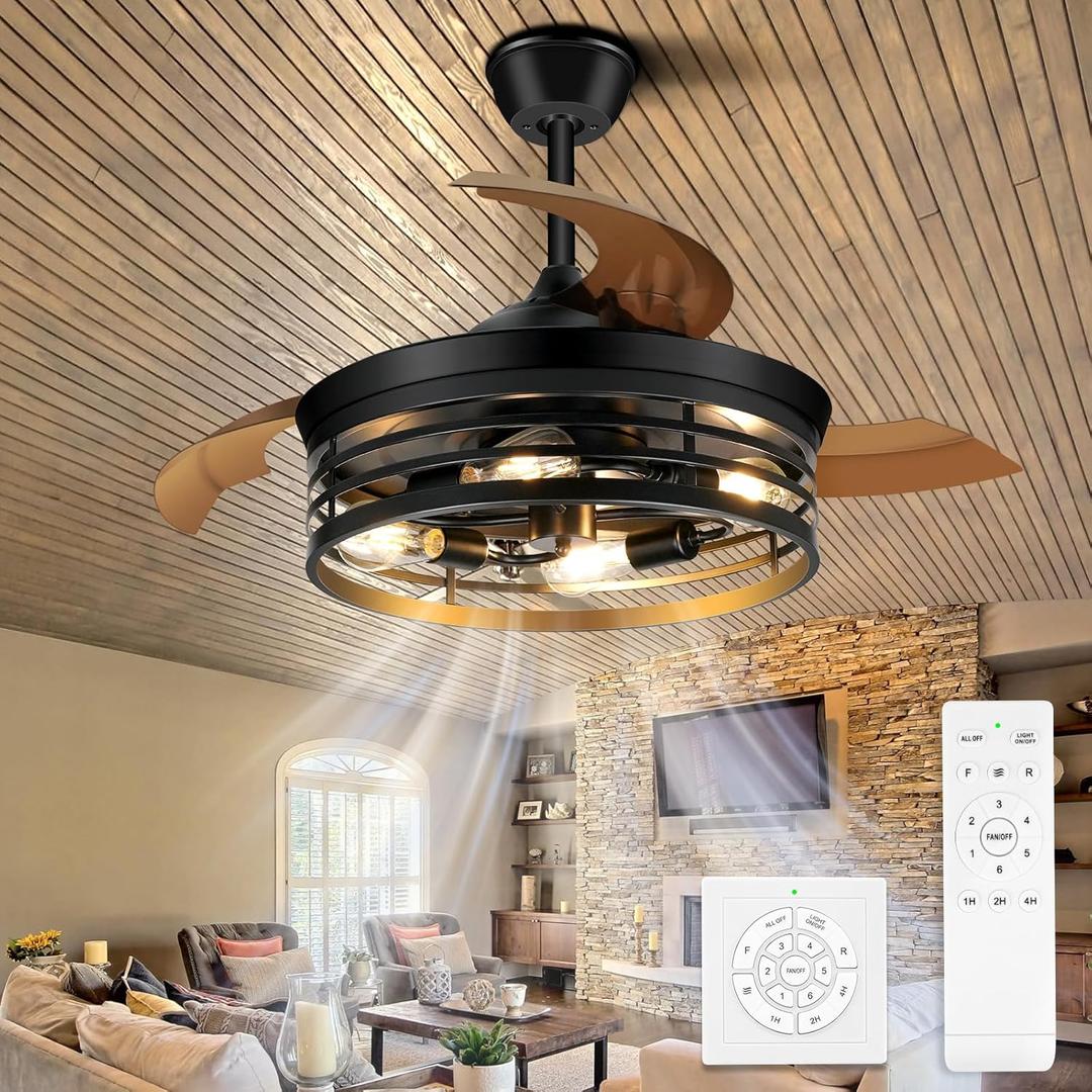 42Inch Retractable Ceiling Fans with Lights Remote Control Black Caged Ceiling Fans Farmhouse Vintage Industrial Ceiling Fan with Lights for Living Room Bedroom Kitchen Patio