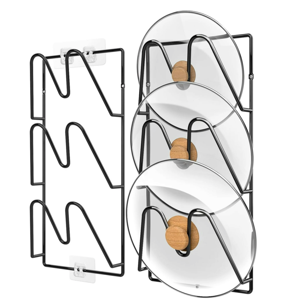 2-Pack Pot Lid Organizer, 6-Tier Pots & Pans Lid Holder Organizer for Cabinet or Wall/Door Kitchen Storage, No-Drill Adhesive Mount, Space-Saving Solution