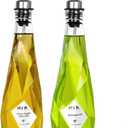 Olive Oil Dispenser Bottle for Kitchen, 11.8 oz/ 350 ml Cooking Dispenser, Vinegar Dispenser Bottle Set, Glass Oil Container with Pourer Spouts, Labels, Caps, Funnel, Diamond-Shaped (2 Pack, Silver)