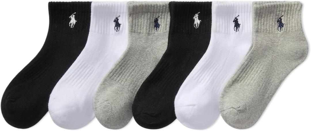 POLO RALPH LAUREN Boys' Athletic Performance Ankle Socks - 6 Pair Pack - Soft Cushioned Comfort