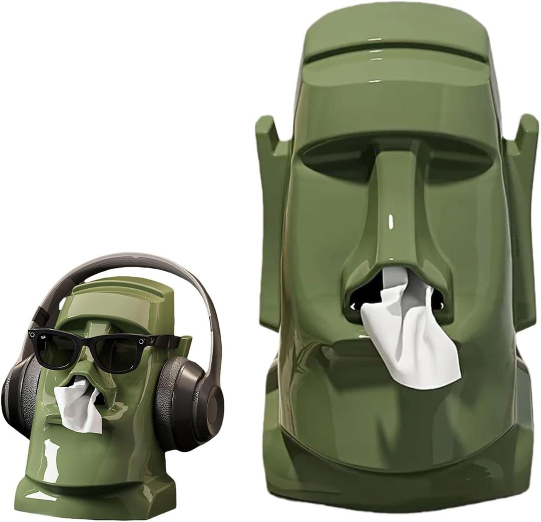 Unique Tissue Box Holder  Creative Moai Tissue Dispenser with Sunglasses and Headphone Storage  Funny Face Tissue Holder for Living Room, Office, or Statue Bathroom Decor (Green)