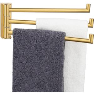 Aomasi Brushed Gold Swivel Towel Rack, 304 Stainless Steel 3-Arm Rotating Bathroom Towel Bar, Rustproof Space-Saving Holder for Kitchen, RV, Laundry Room