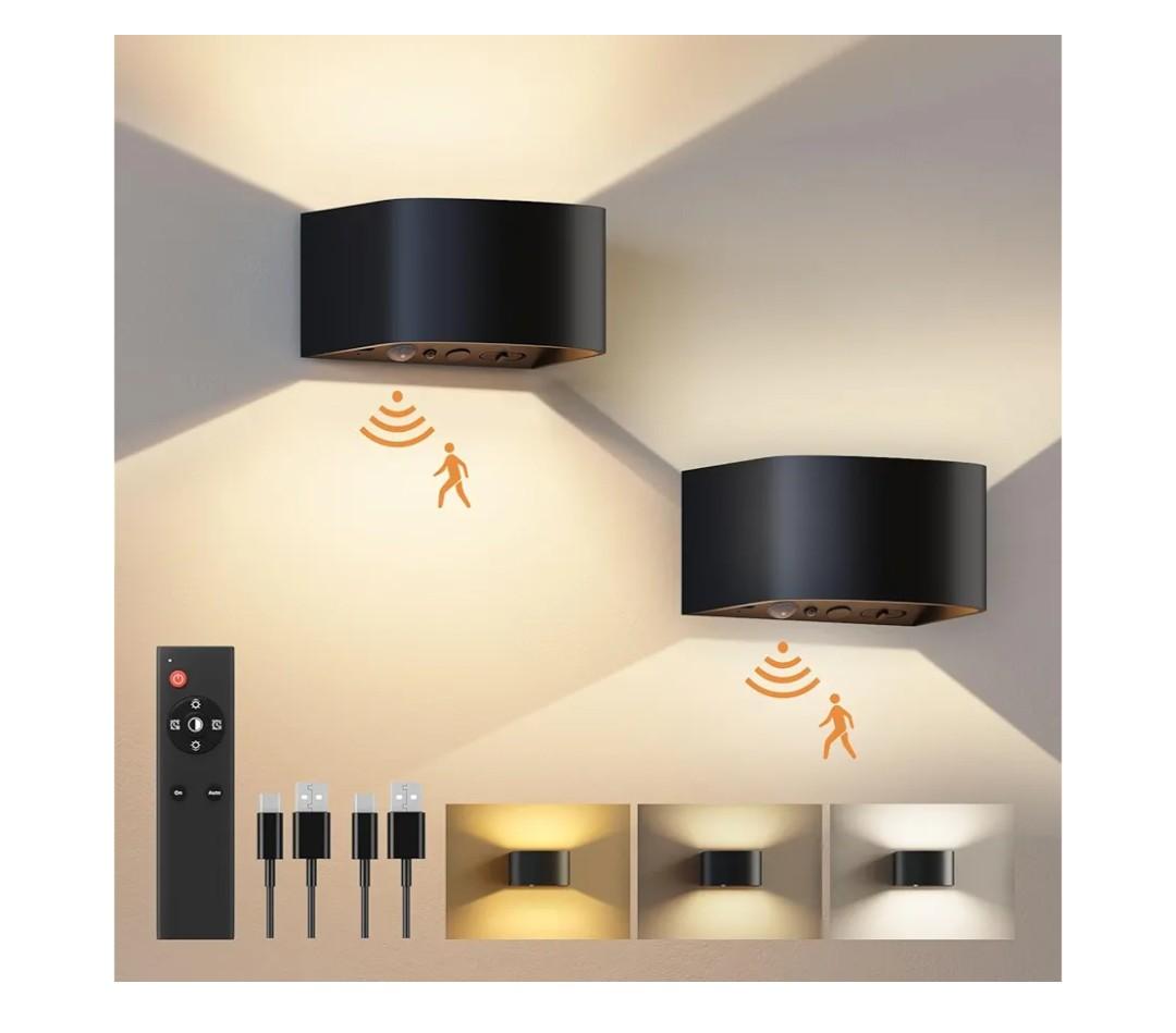 FULEN Motion Sensor Wall Light with Remote Control 3 Colors Wireless Wall Lamp LED Indoor Up and Down Wall Sconce 5000mAh Rechargeable Battery Powered Wall Lamps Brightness Adjustable, Black 2 Pack