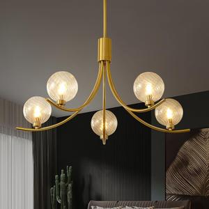 Gold Modern Chandelier with 5 Glass Globe Bulbs -Adjustable Height & Colour Temperature, Gilded lamp Post, Elegant Lighting for Living Room, Bedroom or Study