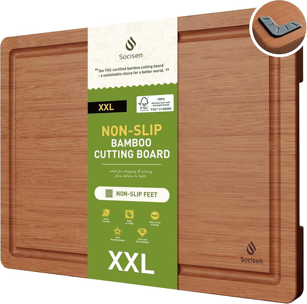 Extra Large Bamboo Cutting Board with Non Slip Feet and Over Sink Butcher Block Chopping Board Nice Solid Thick Wooden Juice Groove Big Xl XXl xlarge Best Hardwood Kitchen Counter Organic, 19.5"L x 14"W