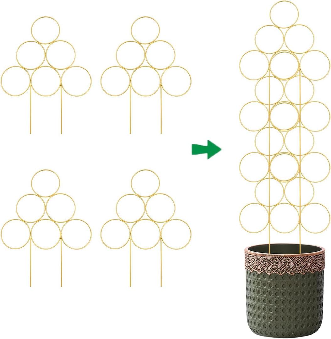 4 Pack Plant Trellis Indoor 15.7 Inch for climbing plants indoor Small Garden Trellis for Potted Plant Support Metal Wire Stackable Trellis Houseplant for Monstera Vines Lvy Pothos Accessories (4 gold)